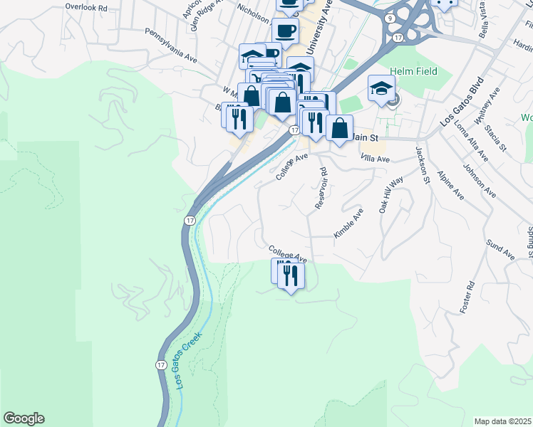 map of restaurants, bars, coffee shops, grocery stores, and more near 120 Prospect Avenue in Los Gatos