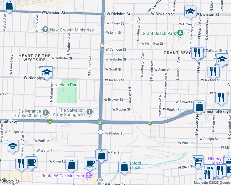 map of restaurants, bars, coffee shops, grocery stores, and more near 901 North Nettleton Avenue in Springfield