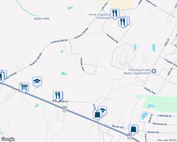 map of restaurants, bars, coffee shops, grocery stores, and more near 1871 Pender Avenue in Petersburg