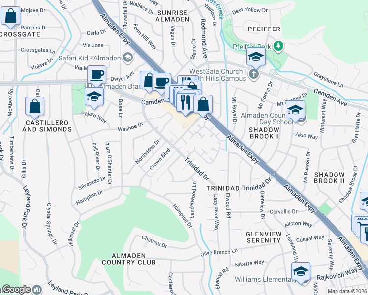 map of restaurants, bars, coffee shops, grocery stores, and more near 1145 Coach Court in San Jose