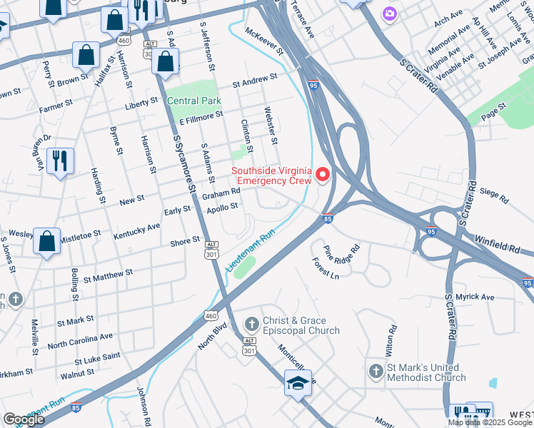 map of restaurants, bars, coffee shops, grocery stores, and more near 718 Jefferson Place in Petersburg