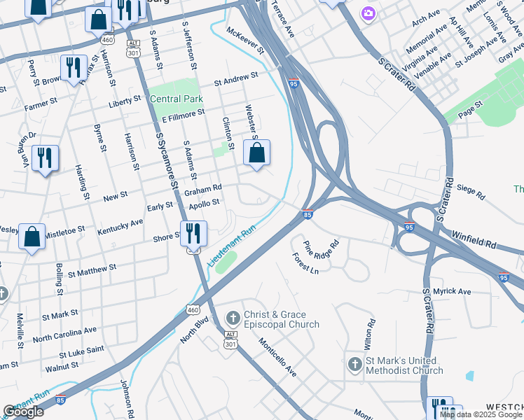 map of restaurants, bars, coffee shops, grocery stores, and more near 736 Jefferson Place in Petersburg