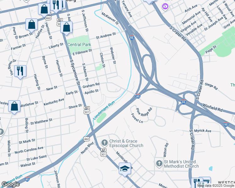 map of restaurants, bars, coffee shops, grocery stores, and more near 736 Jefferson Place in Petersburg