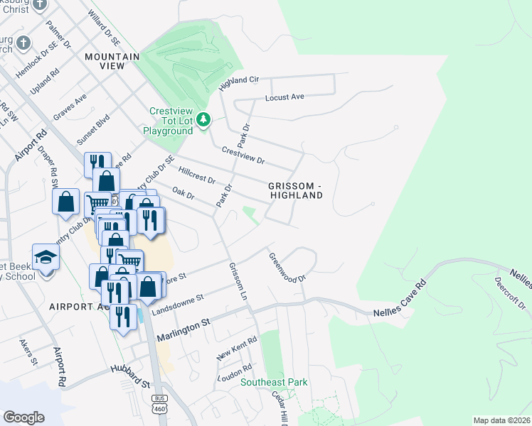 map of restaurants, bars, coffee shops, grocery stores, and more near 501 Sunrise Drive in Blacksburg