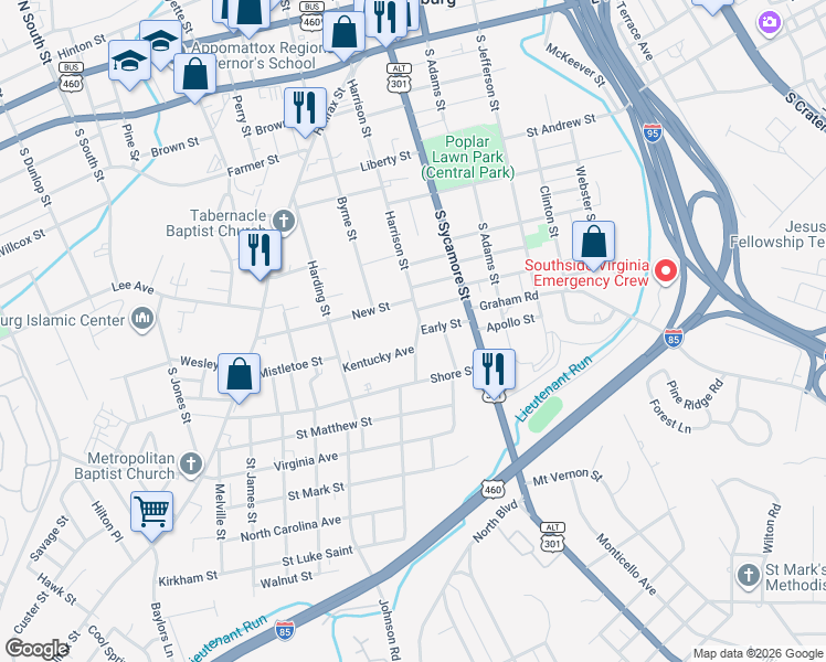 map of restaurants, bars, coffee shops, grocery stores, and more near 634 Harrison Street in Petersburg
