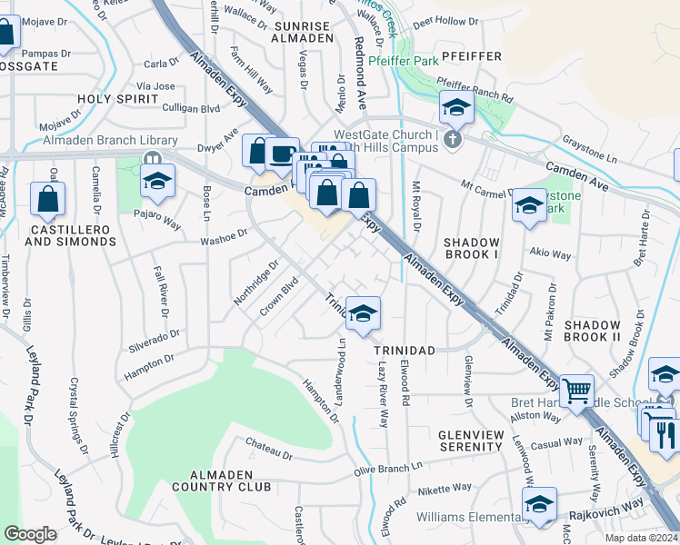 map of restaurants, bars, coffee shops, grocery stores, and more near 6712 Leatherwood Court in San Jose