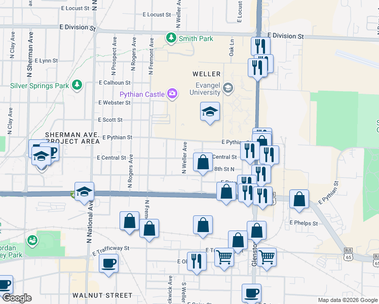 map of restaurants, bars, coffee shops, grocery stores, and more near 924 North Weller Avenue in Springfield