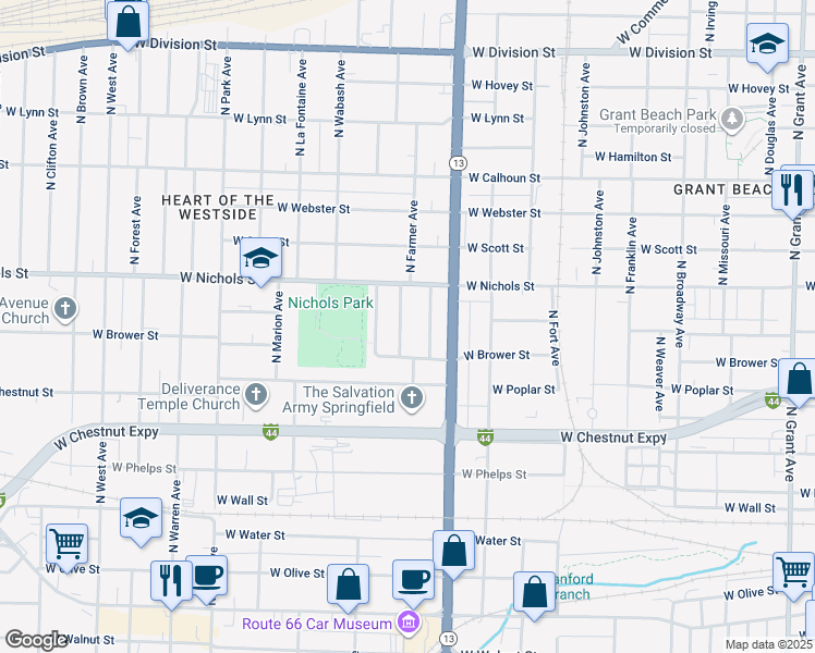 map of restaurants, bars, coffee shops, grocery stores, and more near 900 North Farmer Avenue in Springfield