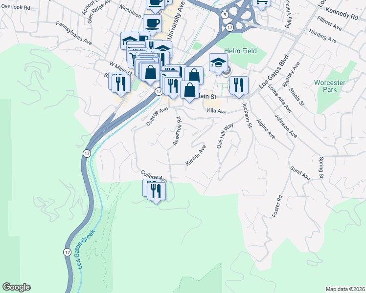 map of restaurants, bars, coffee shops, grocery stores, and more near 85 Reservoir Road in Los Gatos