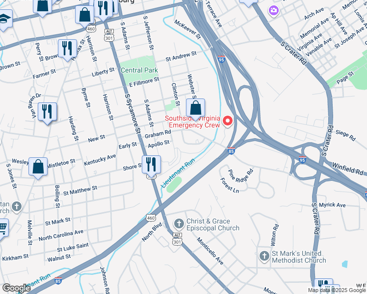 map of restaurants, bars, coffee shops, grocery stores, and more near 710 Jefferson Place in Petersburg