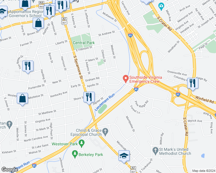 map of restaurants, bars, coffee shops, grocery stores, and more near 710 Jefferson Place in Petersburg