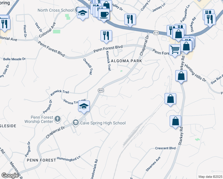 map of restaurants, bars, coffee shops, grocery stores, and more near 3469 Poff Lane in Cave Spring