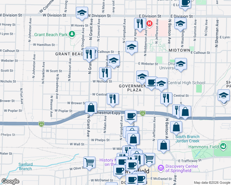 map of restaurants, bars, coffee shops, grocery stores, and more near 924 North Main Avenue in Springfield