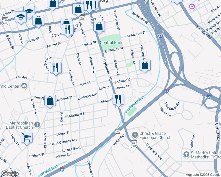 map of restaurants, bars, coffee shops, grocery stores, and more near 628 South Sycamore Street in Petersburg