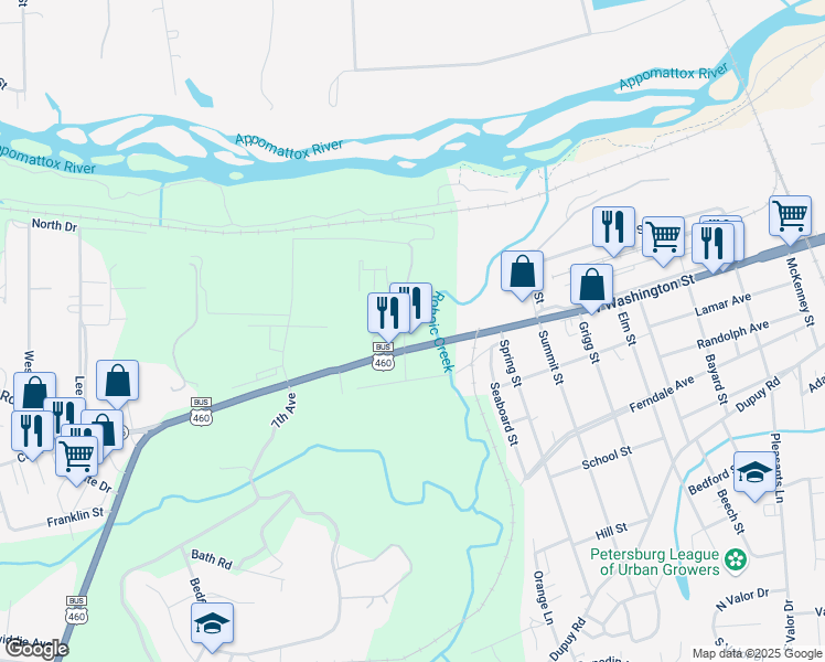 map of restaurants, bars, coffee shops, grocery stores, and more near 21 Rawlings Lane in Petersburg