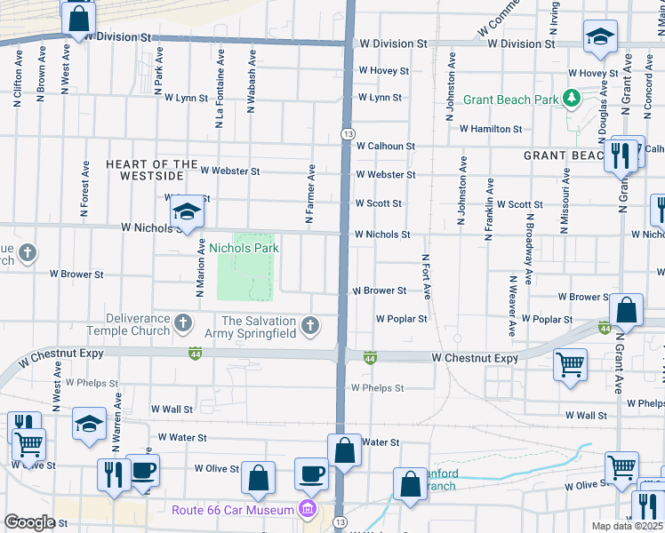 map of restaurants, bars, coffee shops, grocery stores, and more near 901 Missouri 13 in Springfield