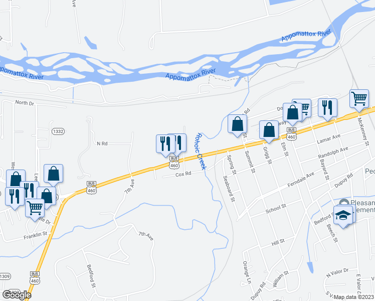 map of restaurants, bars, coffee shops, grocery stores, and more near 21 Rawlings Lane in Petersburg