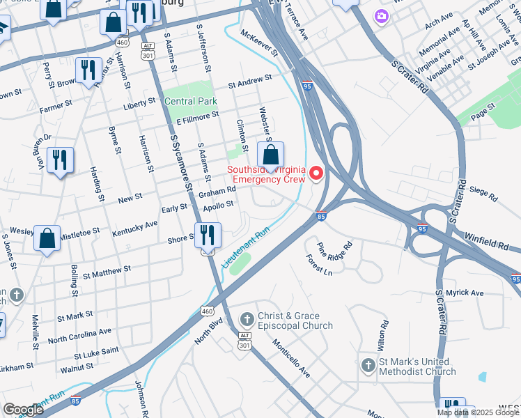 map of restaurants, bars, coffee shops, grocery stores, and more near 718 Jefferson Place in Petersburg