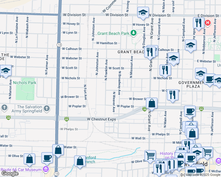 map of restaurants, bars, coffee shops, grocery stores, and more near 1033 West Central Street in Springfield