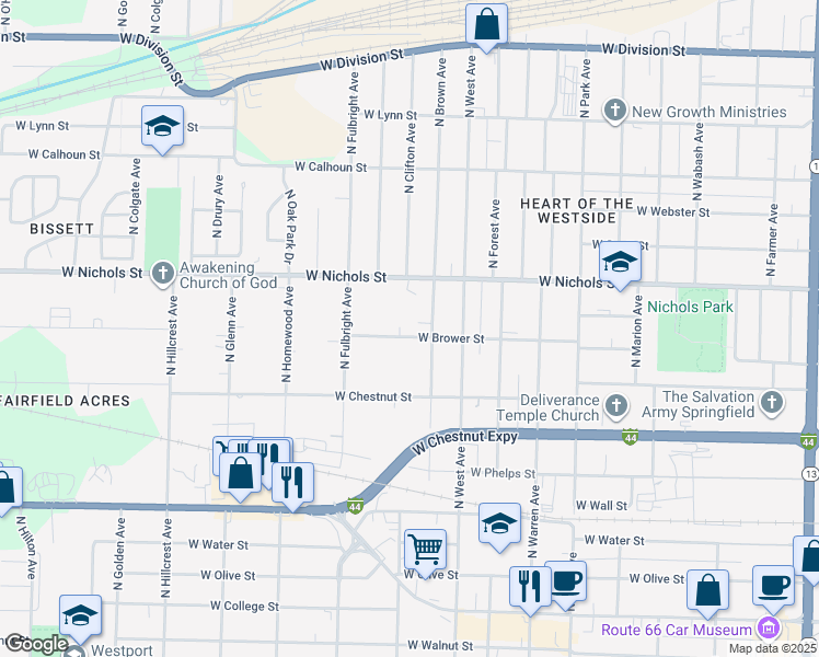 map of restaurants, bars, coffee shops, grocery stores, and more near 2613 West Brower Street in Springfield