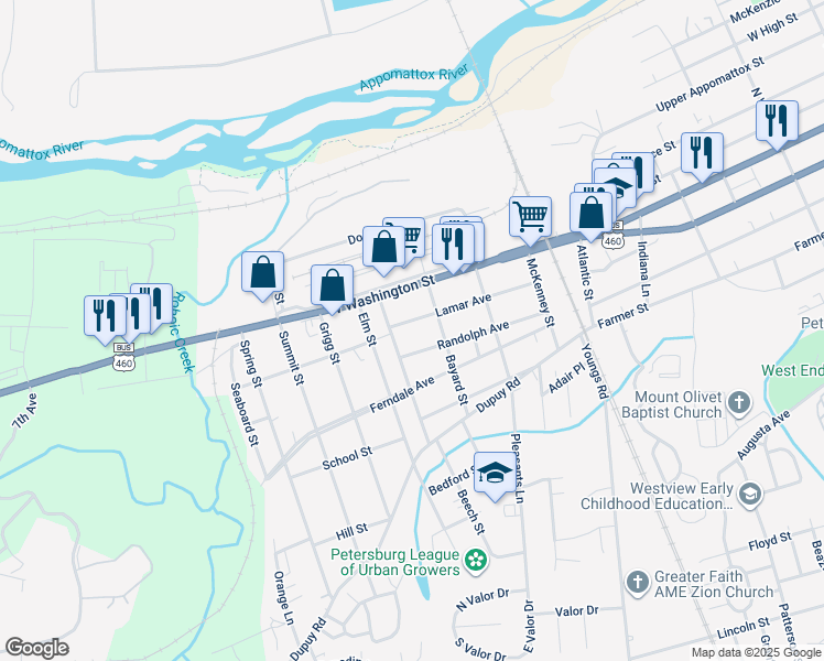map of restaurants, bars, coffee shops, grocery stores, and more near 1824 Lamar Avenue in Petersburg