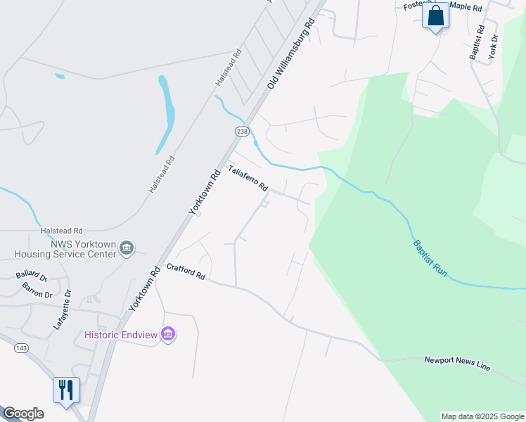 map of restaurants, bars, coffee shops, grocery stores, and more near 570 Taliaferro Road in Newport News