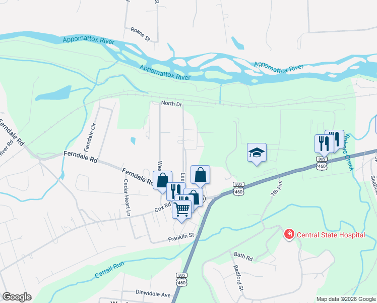 map of restaurants, bars, coffee shops, grocery stores, and more near 4003 Lee Boulevard in Petersburg