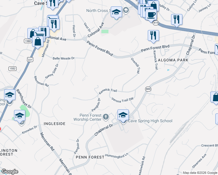 map of restaurants, bars, coffee shops, grocery stores, and more near 3609 Kenwick Trail in Roanoke