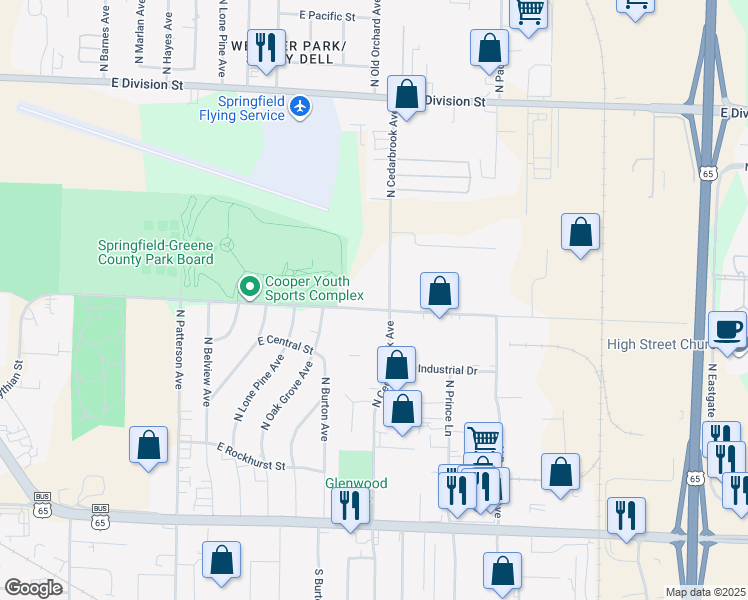 map of restaurants, bars, coffee shops, grocery stores, and more near 2764 East Pythian Street in Springfield