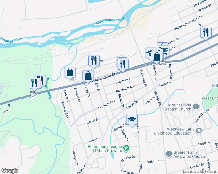 map of restaurants, bars, coffee shops, grocery stores, and more near 1824 Lamar Avenue in Petersburg
