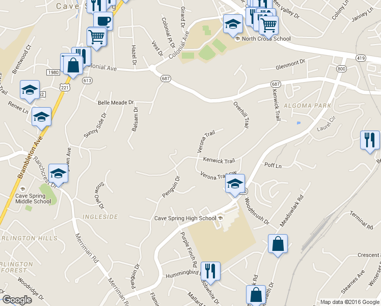map of restaurants, bars, coffee shops, grocery stores, and more near 3609 Kenwick Trail in Roanoke