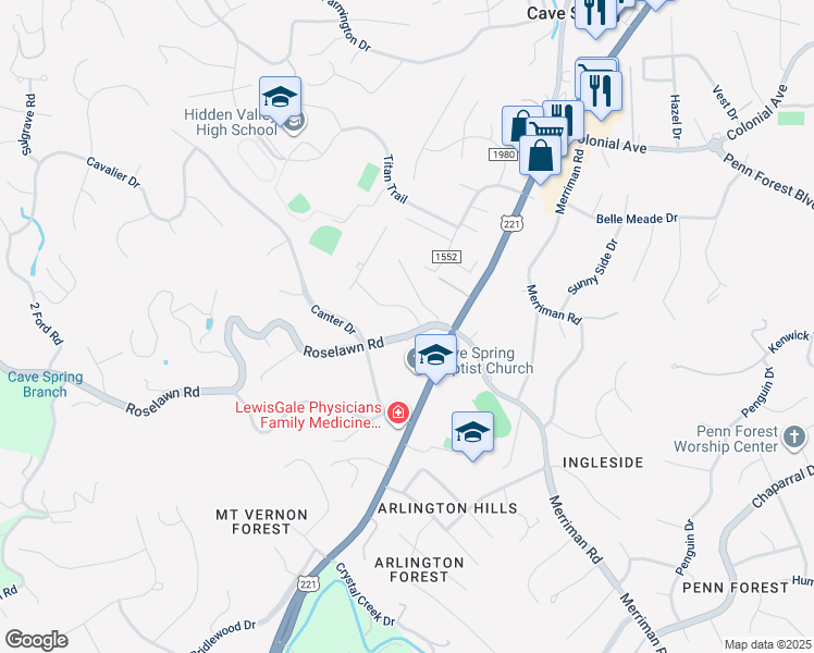 map of restaurants, bars, coffee shops, grocery stores, and more near 5129 Roselawn Road in Cave Spring