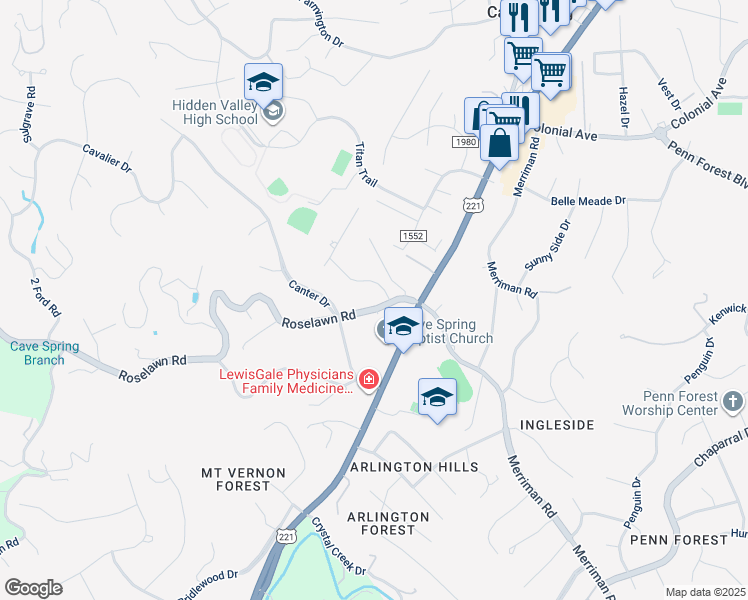 map of restaurants, bars, coffee shops, grocery stores, and more near 5129 Roselawn Road in Cave Spring