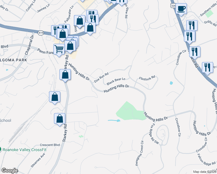 map of restaurants, bars, coffee shops, grocery stores, and more near 5378 Black Bear Lane in Roanoke