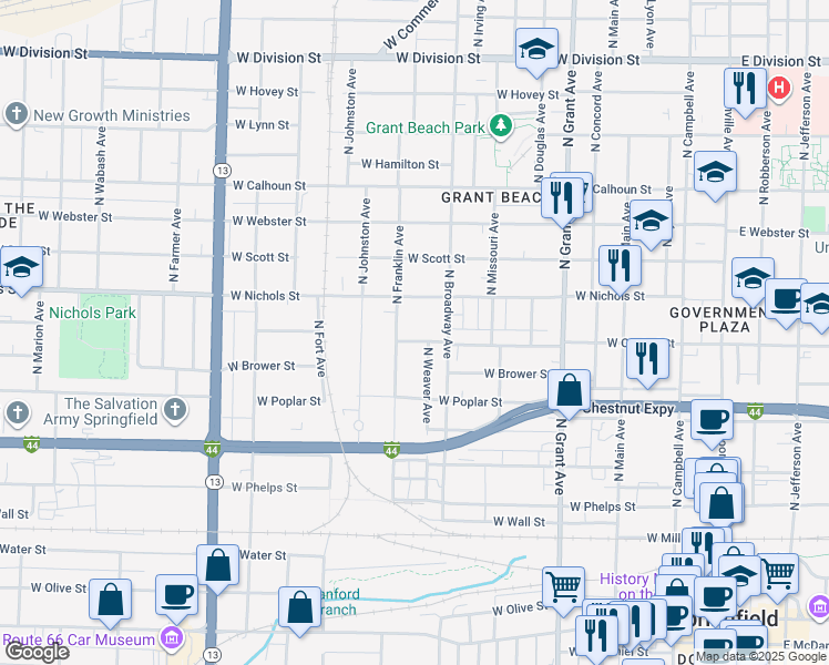 map of restaurants, bars, coffee shops, grocery stores, and more near 1033 West Central Street in Springfield