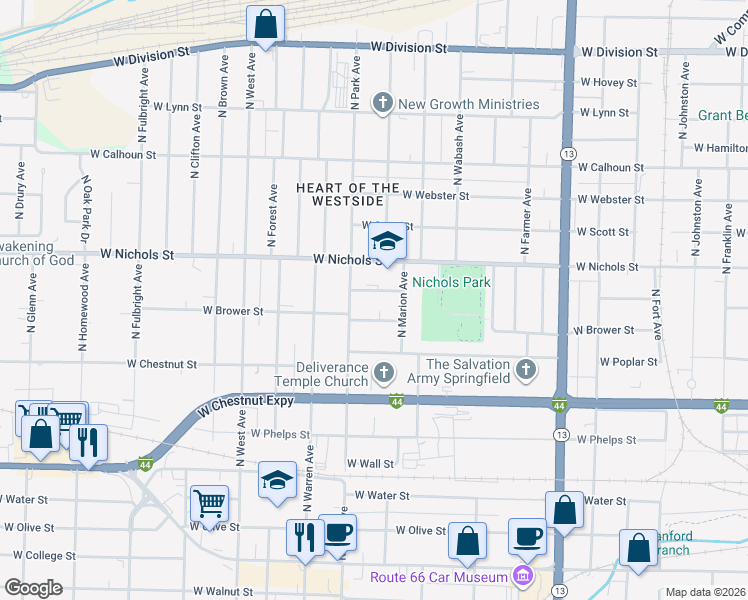 map of restaurants, bars, coffee shops, grocery stores, and more near 2116 West Central Street in Springfield