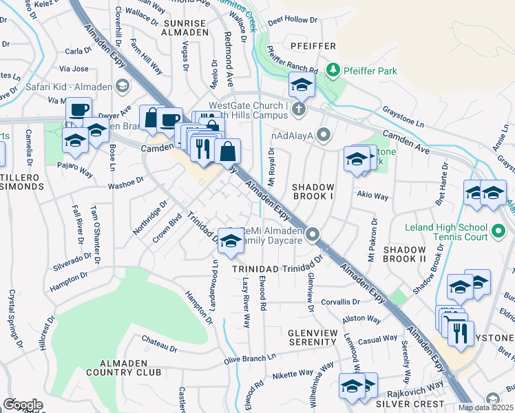 map of restaurants, bars, coffee shops, grocery stores, and more near 6628 Wildwood Court in San Jose