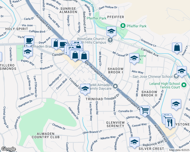 map of restaurants, bars, coffee shops, grocery stores, and more near 6628 Wildwood Court in San Jose