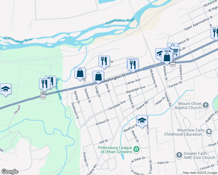 map of restaurants, bars, coffee shops, grocery stores, and more near 23 Elm Street in Petersburg