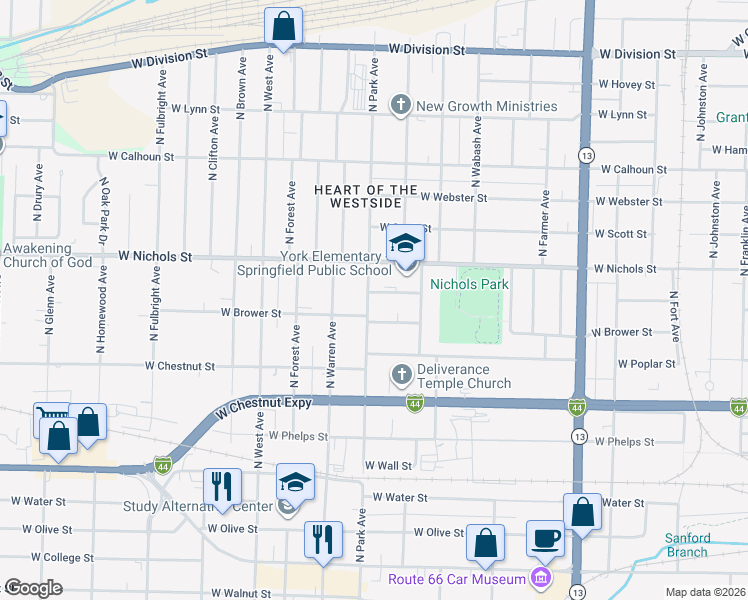 map of restaurants, bars, coffee shops, grocery stores, and more near 2156 West Central Street in Springfield