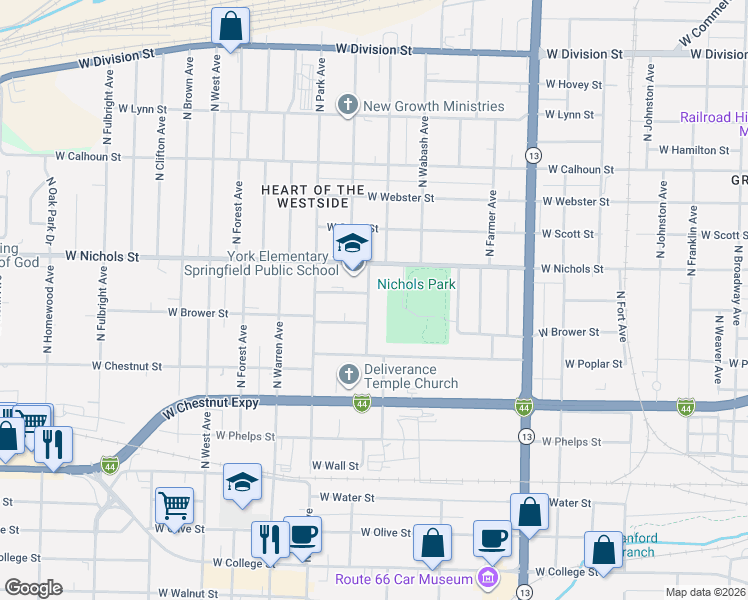 map of restaurants, bars, coffee shops, grocery stores, and more near 828 North Marion Avenue in Springfield