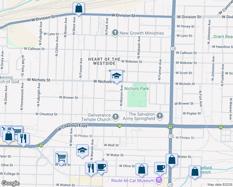 map of restaurants, bars, coffee shops, grocery stores, and more near 2116 West Central Street in Springfield