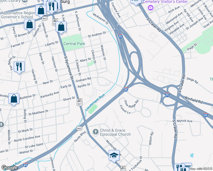 map of restaurants, bars, coffee shops, grocery stores, and more near 725 Jefferson Place in Petersburg