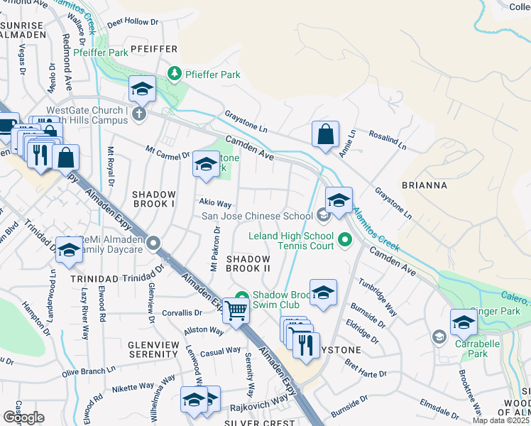 map of restaurants, bars, coffee shops, grocery stores, and more near 6671 Bret Harte Drive in San Jose