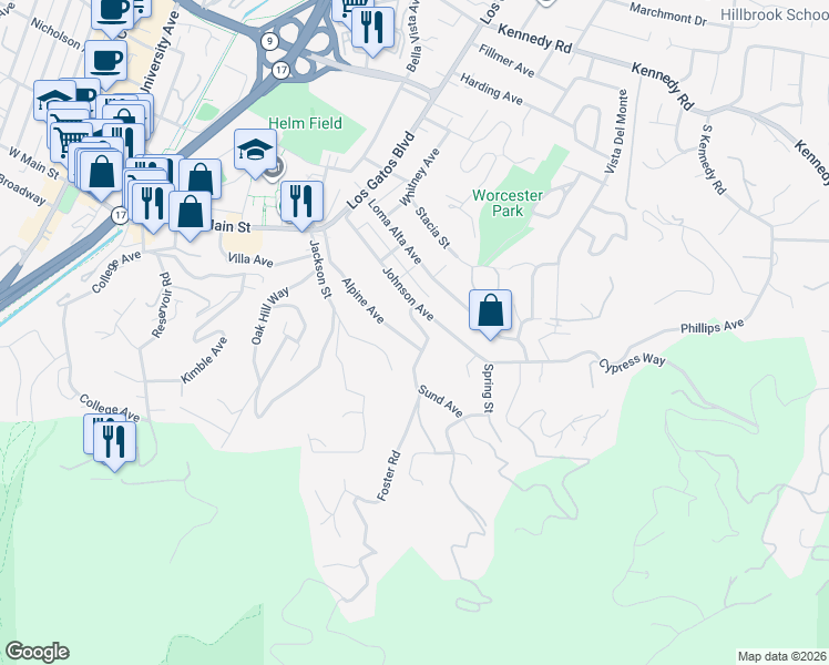 map of restaurants, bars, coffee shops, grocery stores, and more near 115 Alpine Avenue in Los Gatos