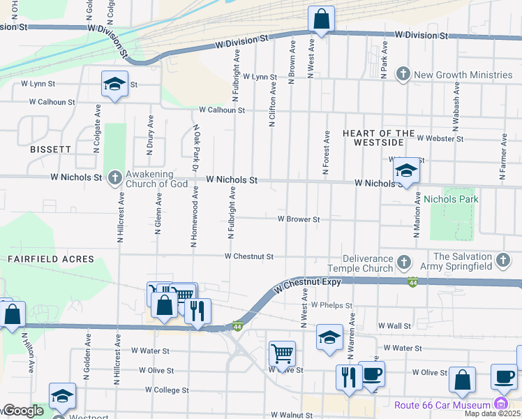 map of restaurants, bars, coffee shops, grocery stores, and more near 2613 West Brower Street in Springfield