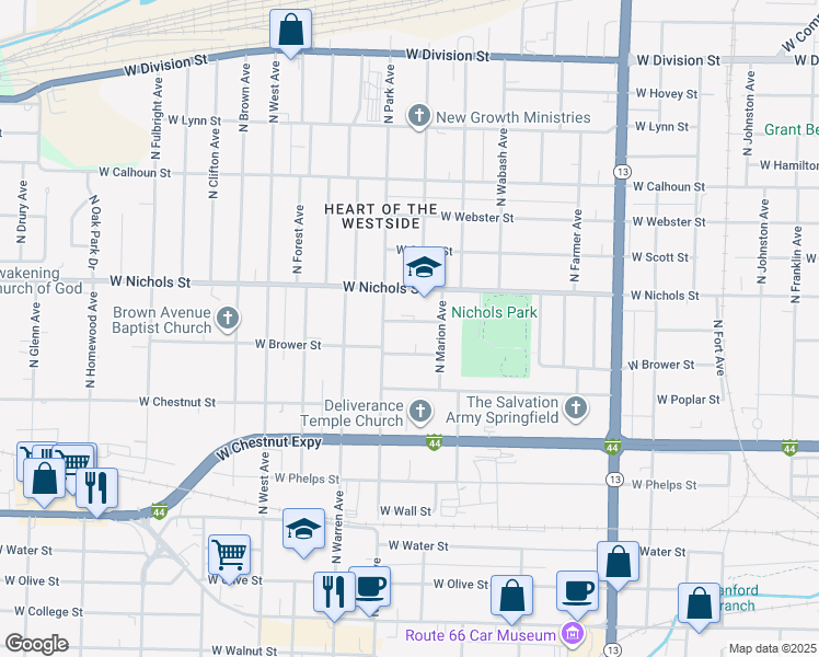 map of restaurants, bars, coffee shops, grocery stores, and more near 2130 West Central Street in Springfield