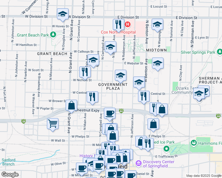 map of restaurants, bars, coffee shops, grocery stores, and more near 917 North Boonville Avenue in Springfield