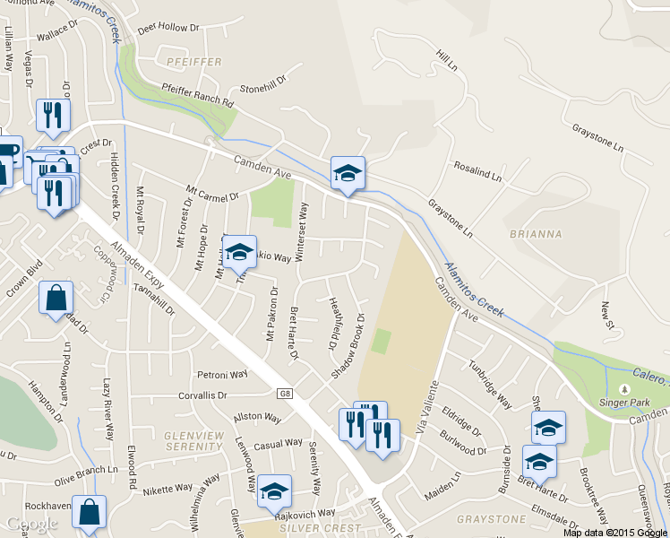 map of restaurants, bars, coffee shops, grocery stores, and more near 6671 Bret Harte Drive in San Jose