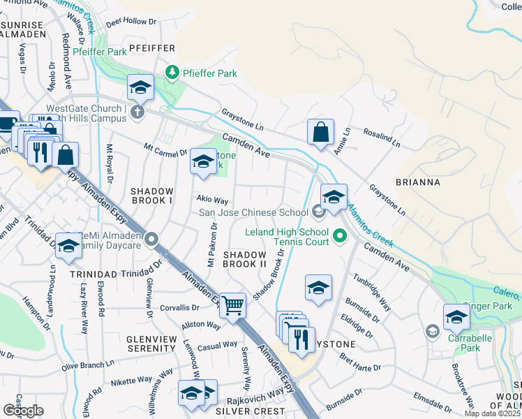 map of restaurants, bars, coffee shops, grocery stores, and more near 6671 Bret Harte Drive in San Jose